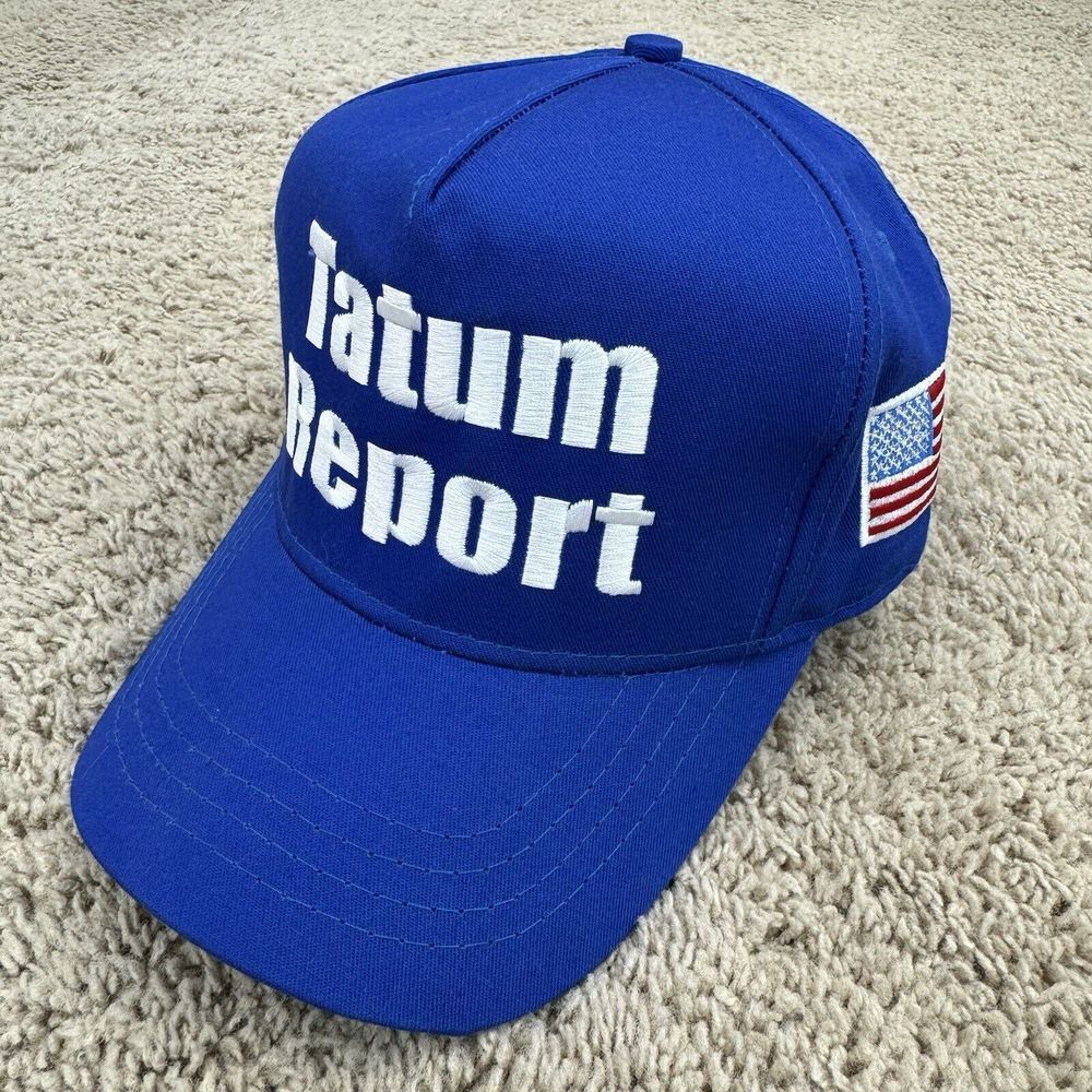 Tatum Report Hat Blue Trucker Snapback White Spellout Flag Patch Made in USA Cap